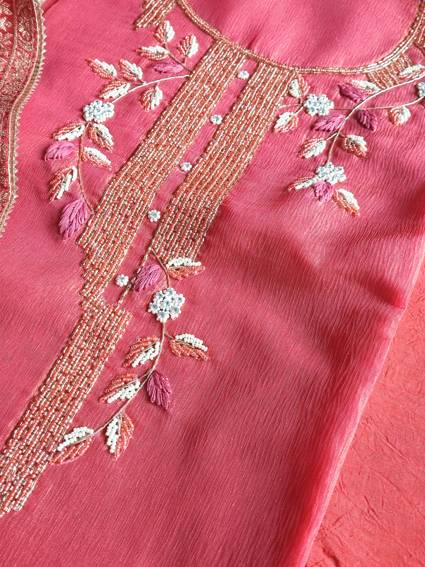 Rani Pink Shimmer Georgette Unstitched Suit with Embroidery