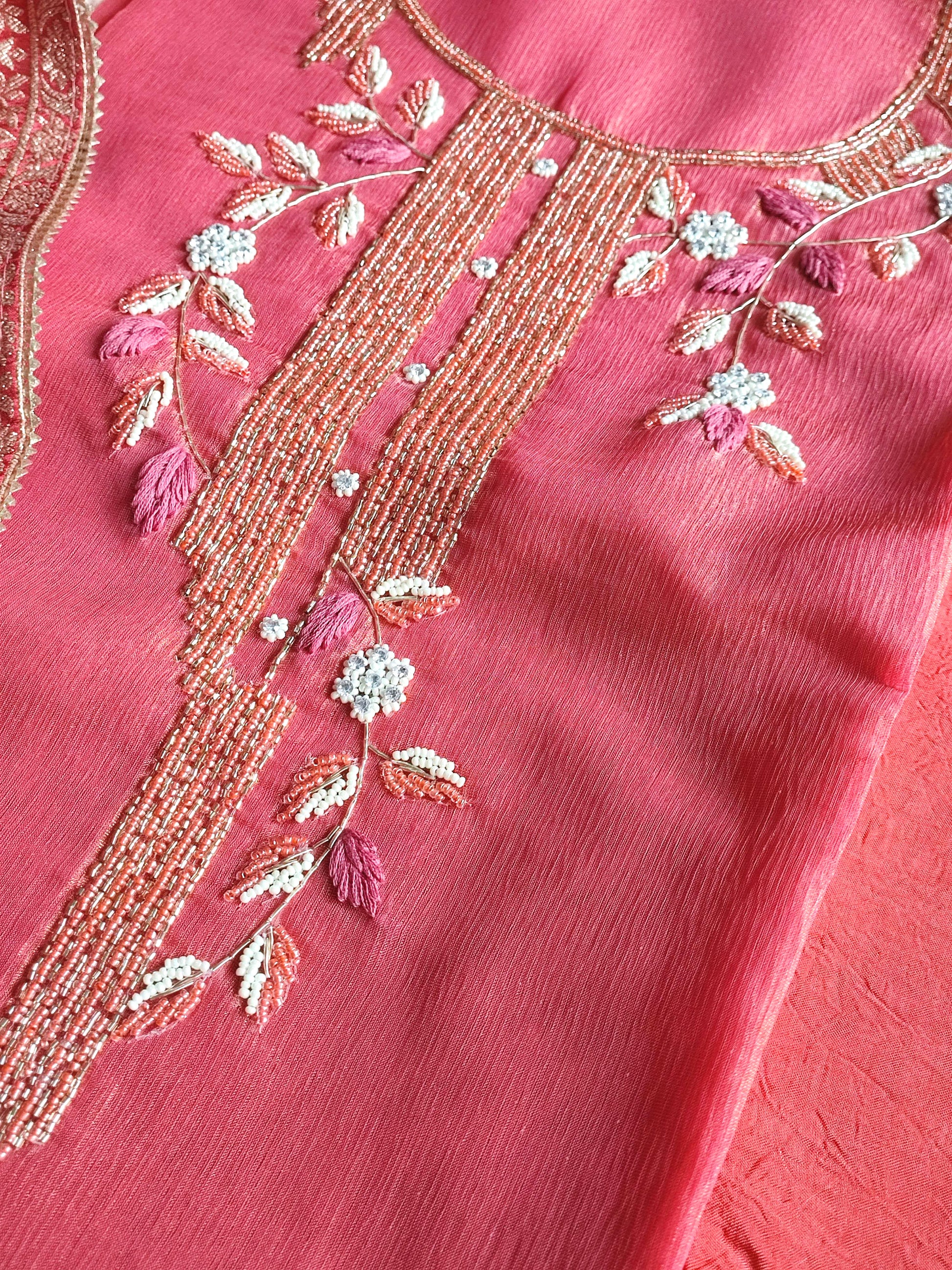 Rani Pink Shimmer Georgette Unstitched Suit with Embroidery