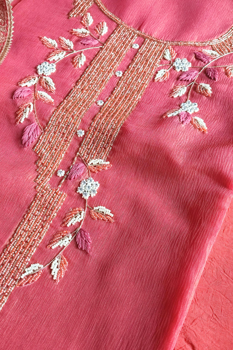 Rani Pink Shimmer Georgette Unstitched Suit with Embroidery