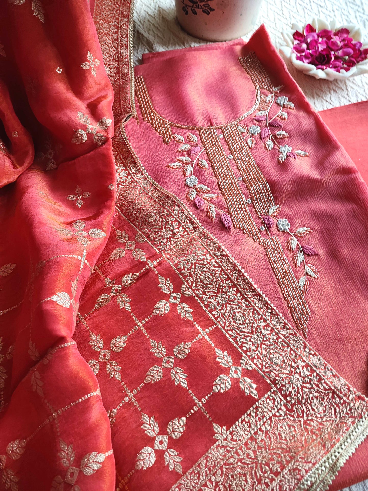 Rani Pink Shimmer Georgette Unstitched Suit with Embroidery