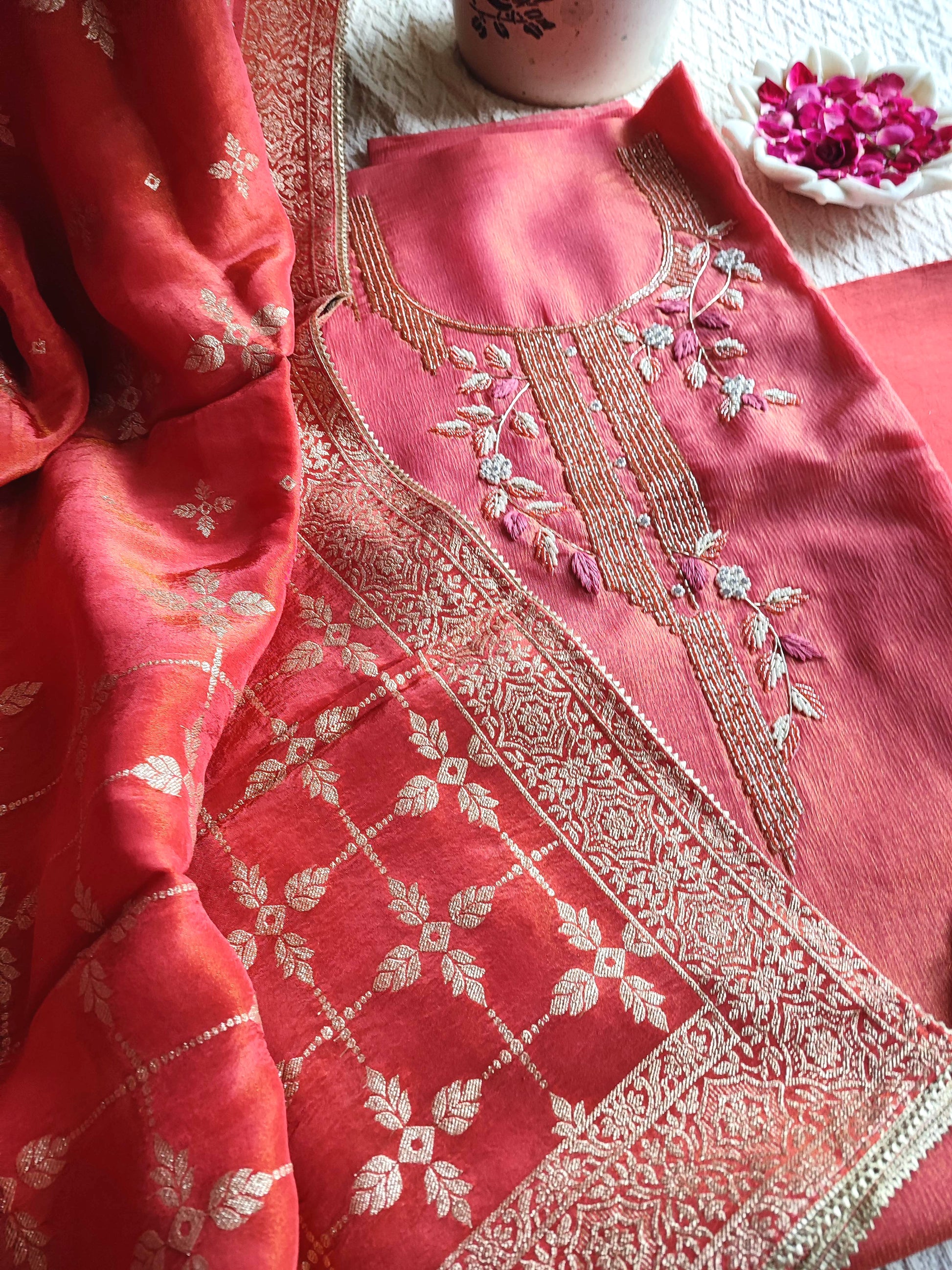 Rani Pink Shimmer Georgette Unstitched Suit with Embroidery