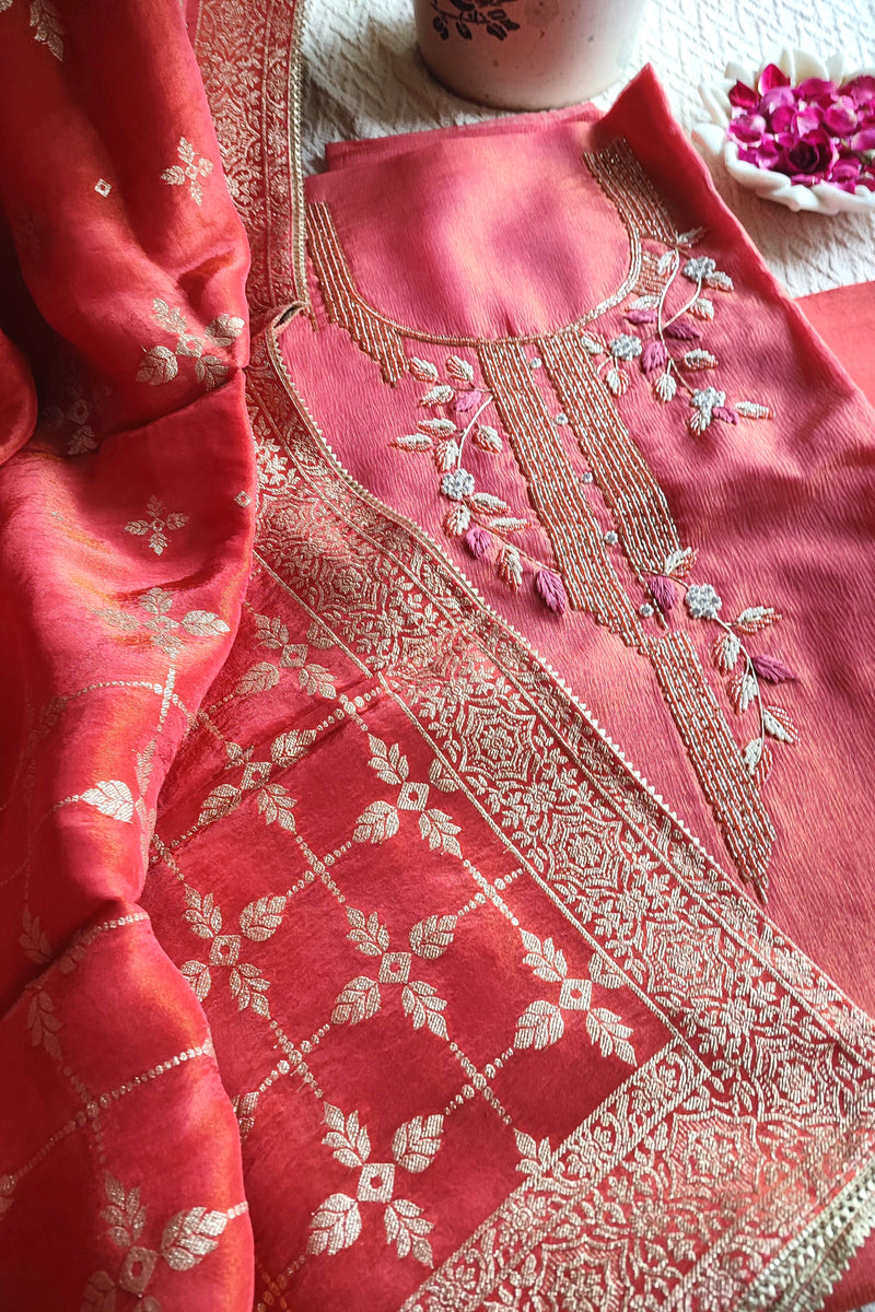 Rani Pink Shimmer Georgette Unstitched Suit with Embroidery