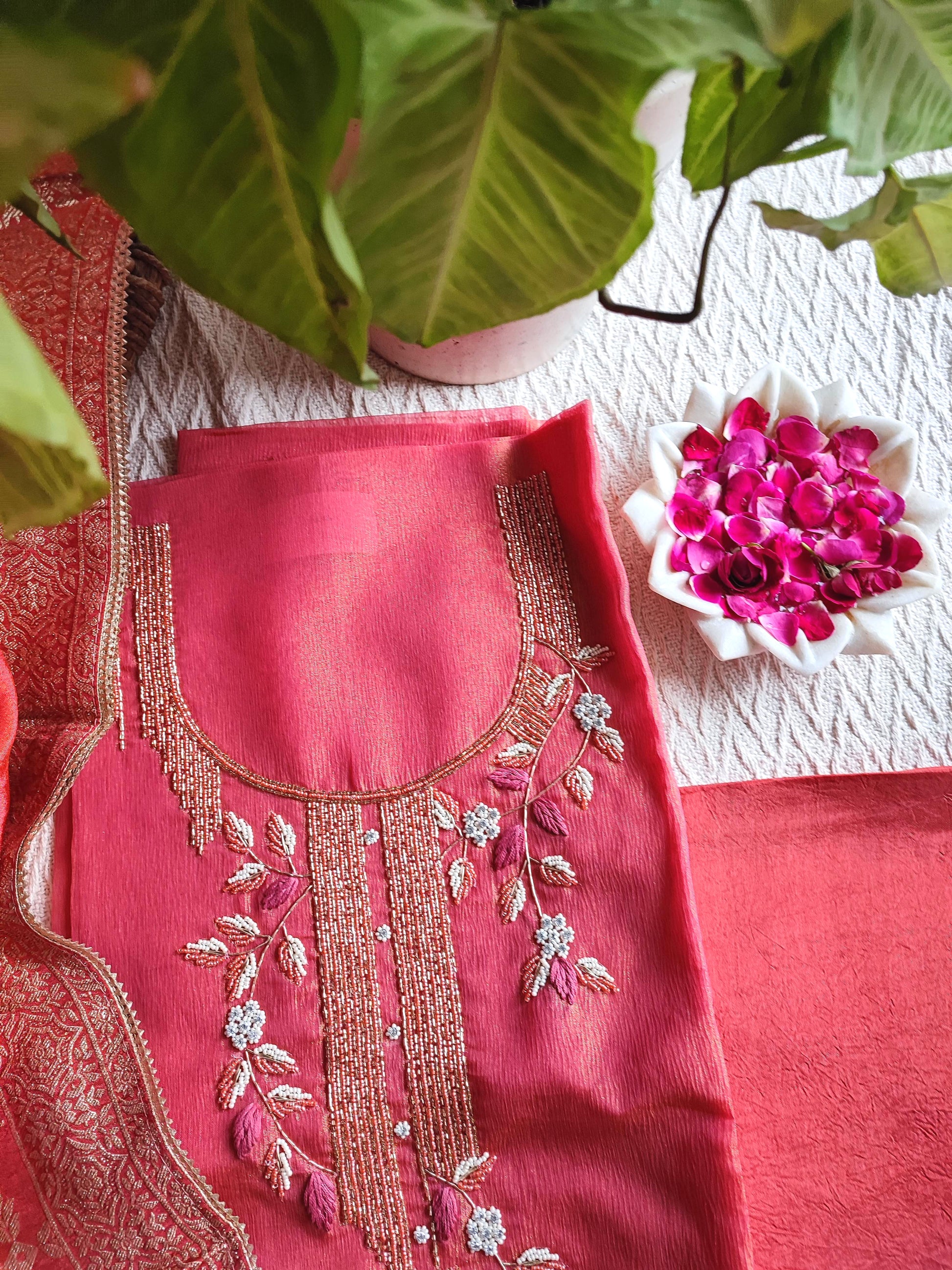 Rani Pink Shimmer Georgette Unstitched Suit with Embroidery