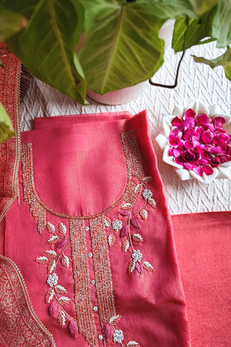 Rani Pink Shimmer Georgette Unstitched Suit with Embroidery