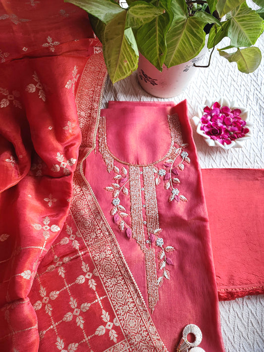 Rani Pink Shimmer Georgette Unstitched Suit with Embroidery