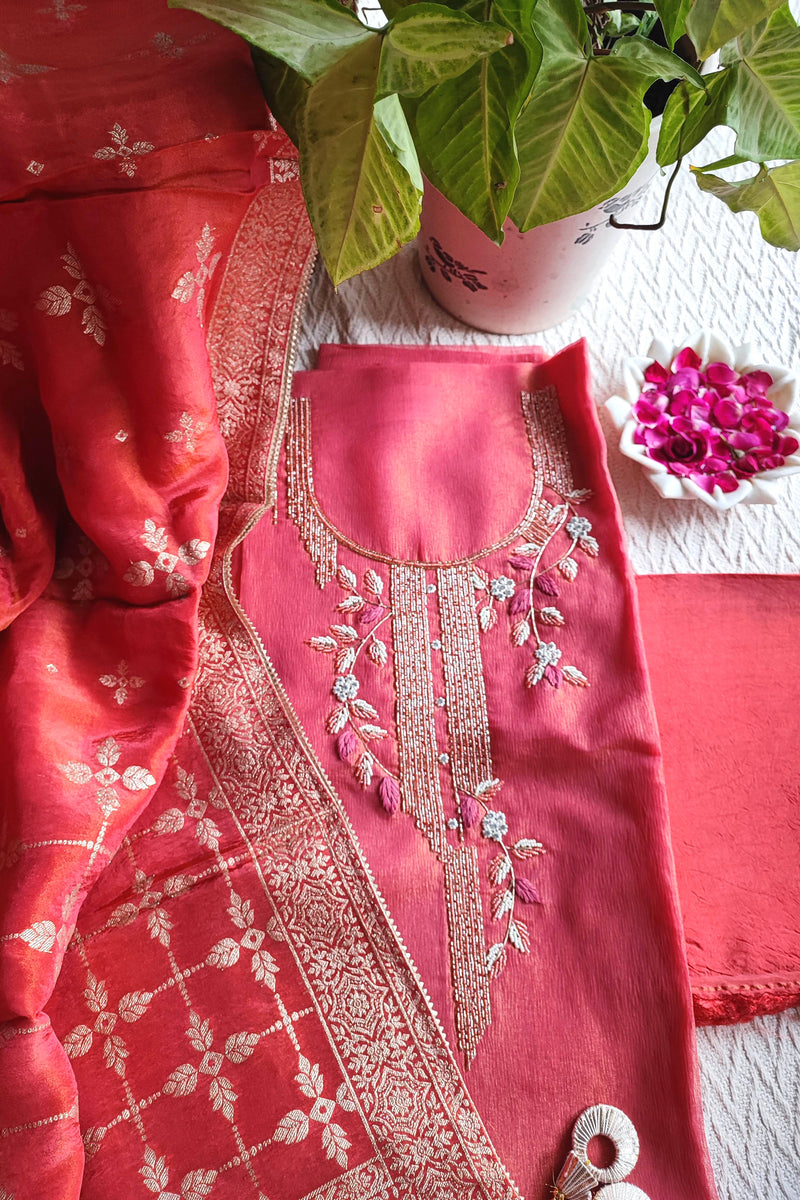 Rani Pink Shimmer Georgette Unstitched Suit with Embroidery