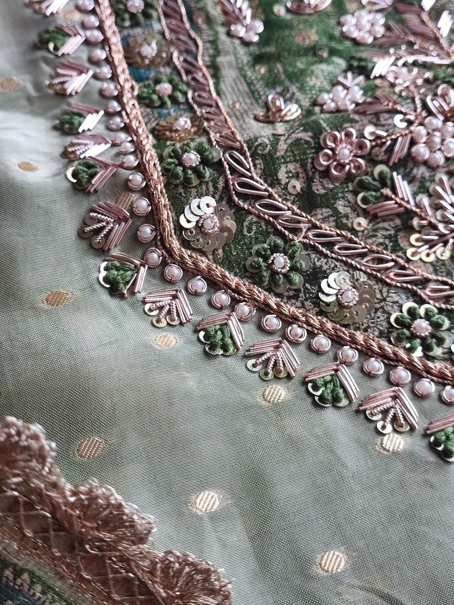 Pista Green Georgette Shimmer Unstitched Suit Material with Handwork Embroidery & Shantoon Bottom