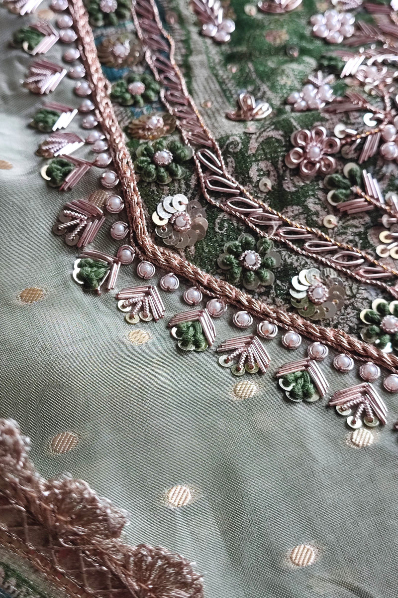 Pista Green Georgette Shimmer Unstitched Suit Material with Handwork Embroidery & Shantoon Bottom