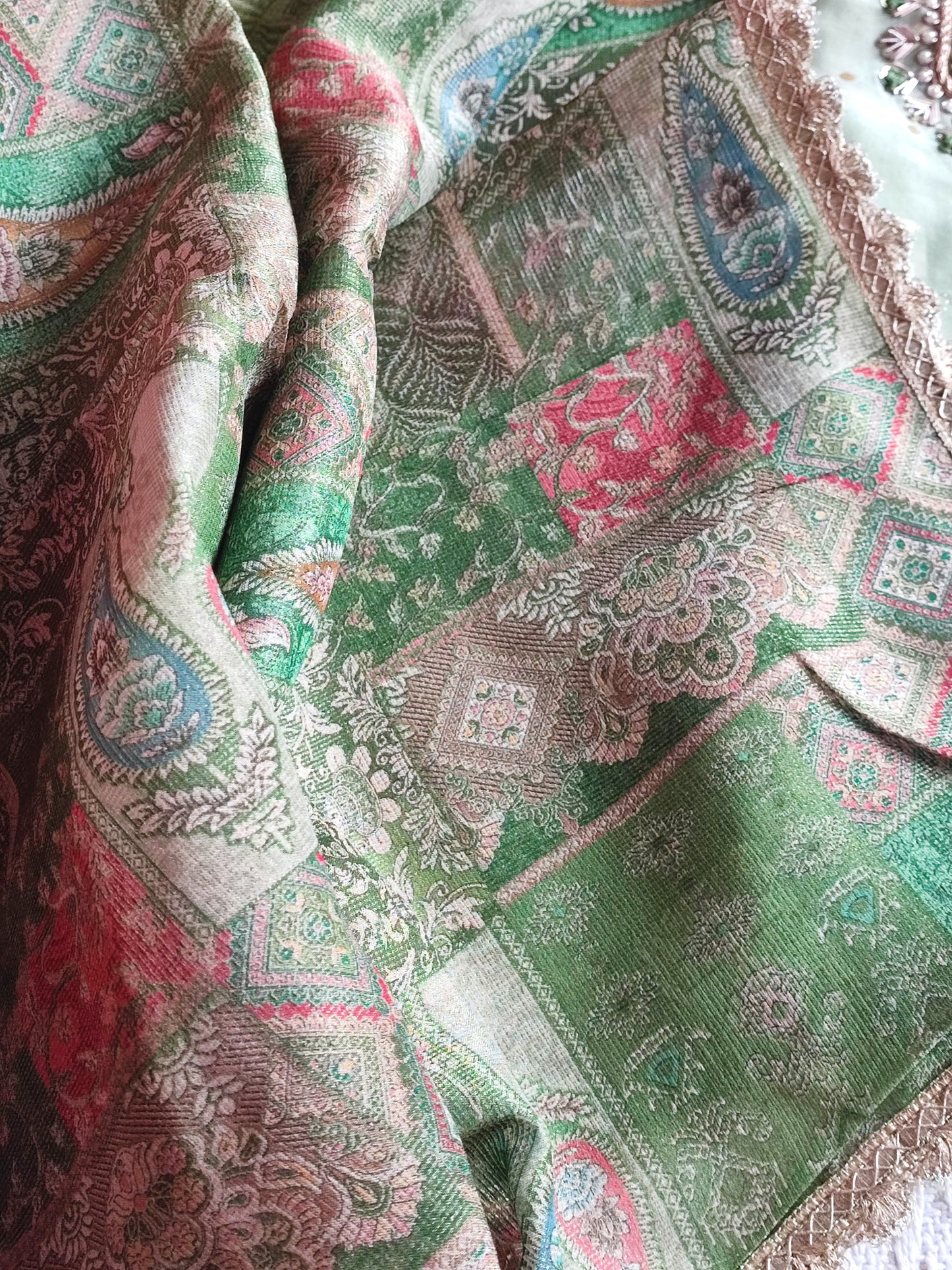 Pista Green Georgette Shimmer Unstitched Suit Material with Handwork Embroidery & Shantoon Bottom