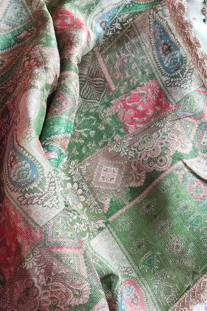 Pista Green Georgette Shimmer Unstitched Suit Material with Handwork Embroidery & Shantoon Bottom