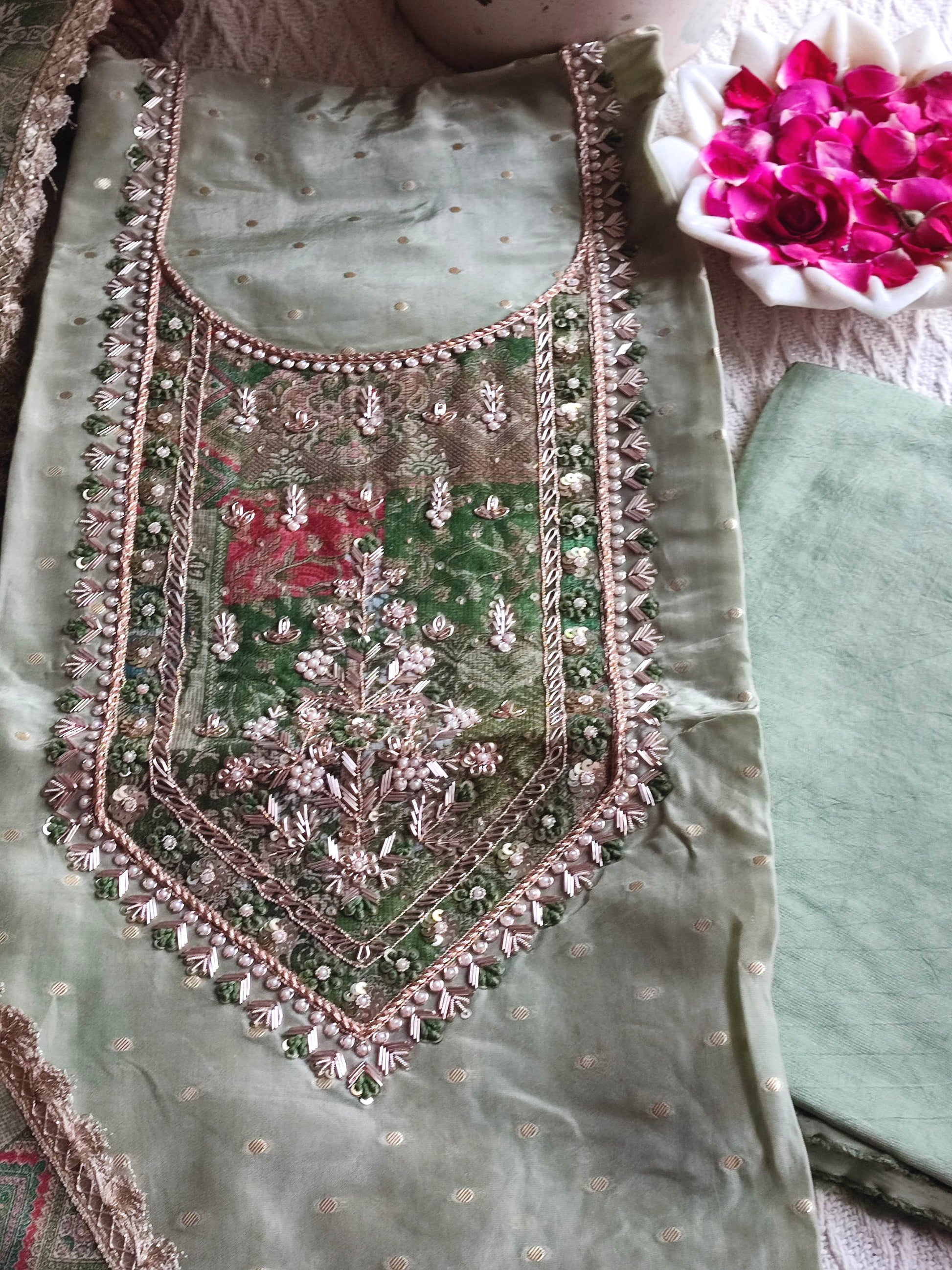 Pista Green Unstitched Suit – Georgette Shimmer Handwork | Shop Now