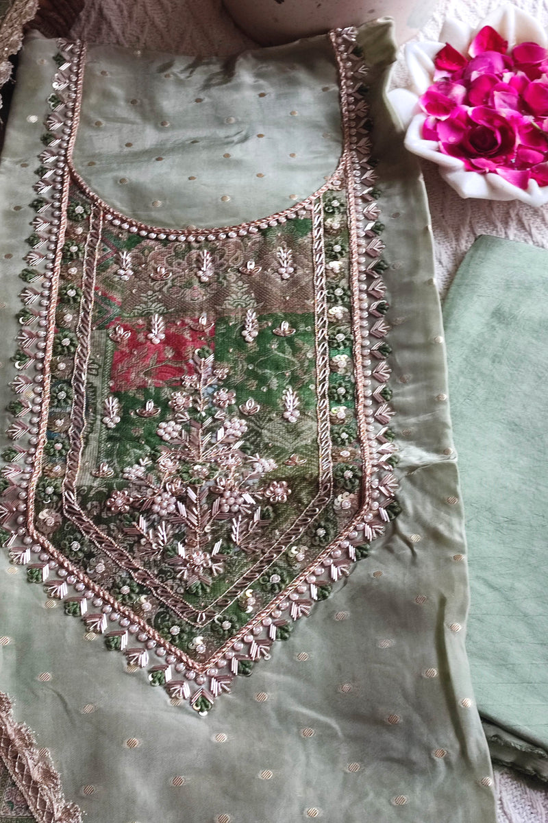 Pista Green Unstitched Suit – Georgette Shimmer Handwork | Shop Now