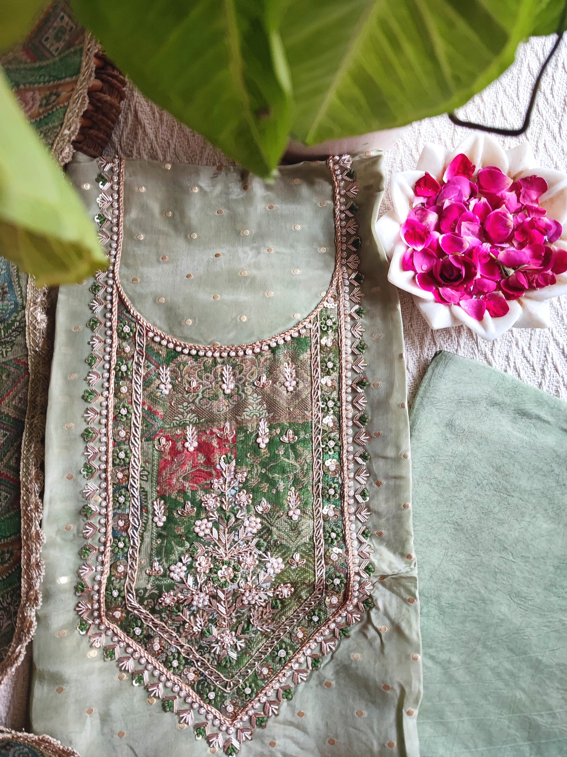 Pista Green Unstitched Suit – Georgette Shimmer Handwork | Shop Now
