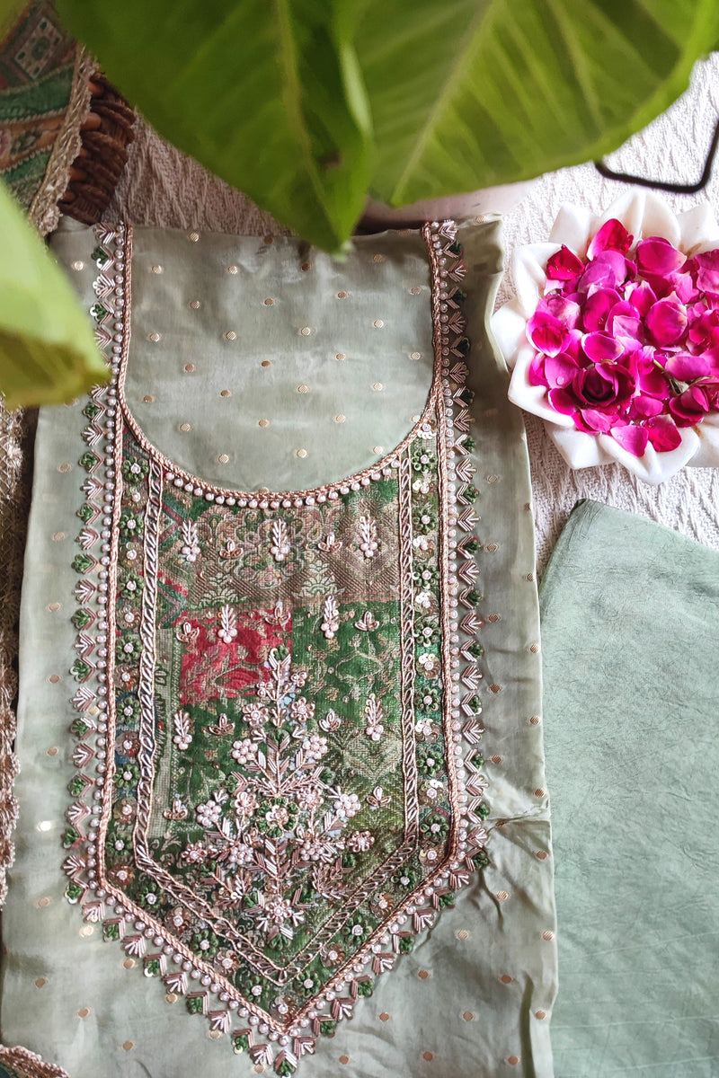 Pista Green Unstitched Suit – Georgette Shimmer Handwork | Shop Now