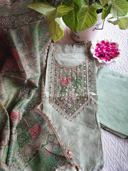 Pista Green Unstitched Suit – Georgette Shimmer Handwork | Shop Now
