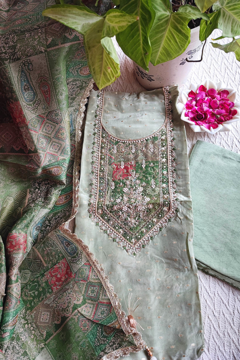 Pista Green Unstitched Suit – Georgette Shimmer Handwork | Shop Now