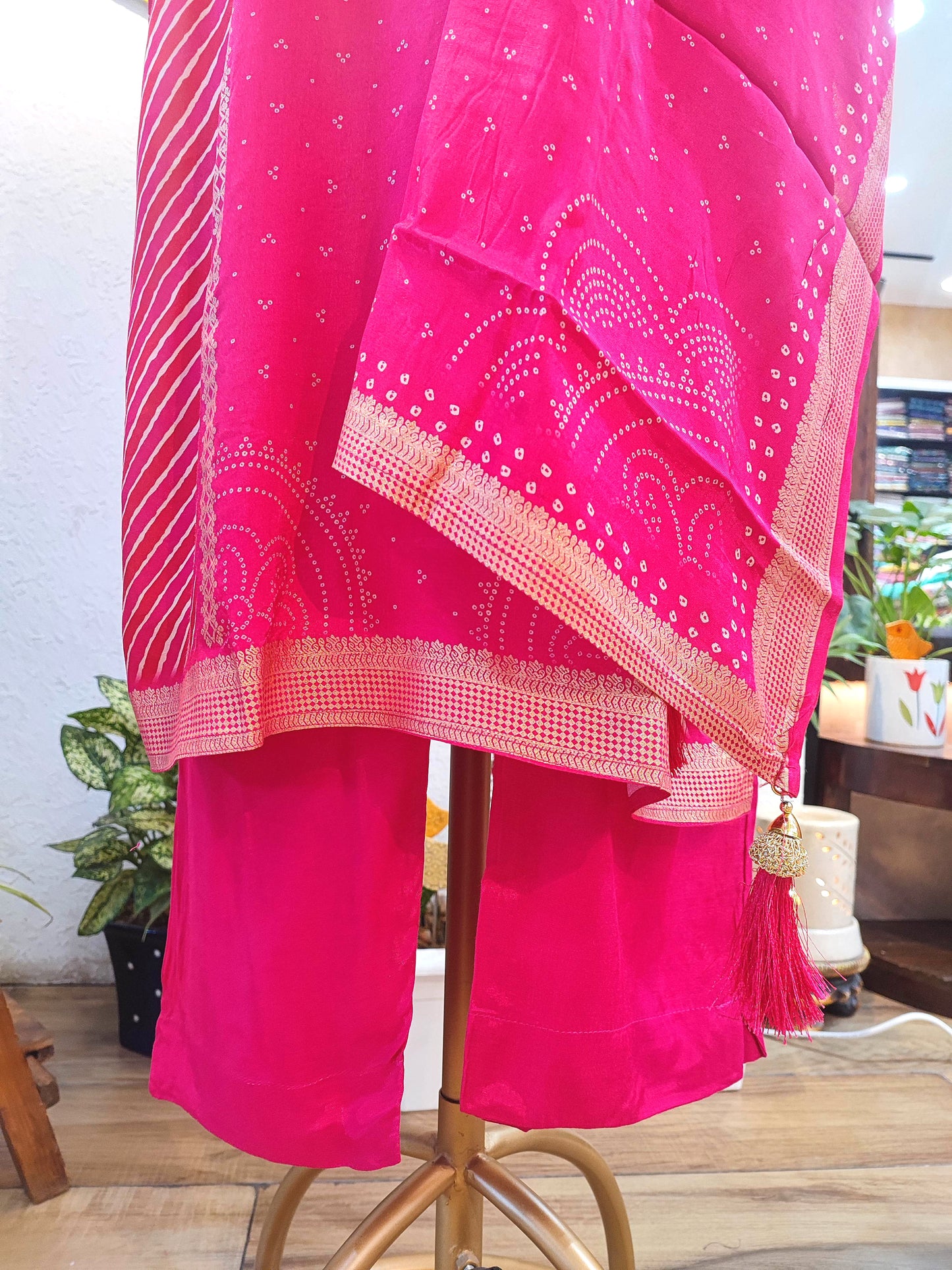 Pink Soft Crepe Kurta Dupatta Set with Handwork & Shantoon Bottom