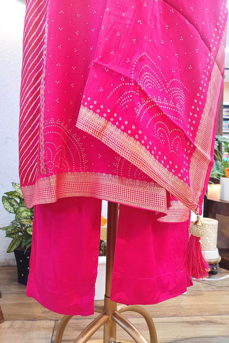 Pink Soft Crepe Kurta Dupatta Set with Handwork & Shantoon Bottom