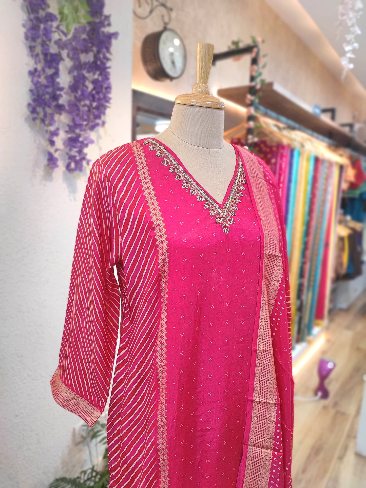 Pink Soft Crepe Kurta Dupatta Set with Handwork & Shantoon Bottom