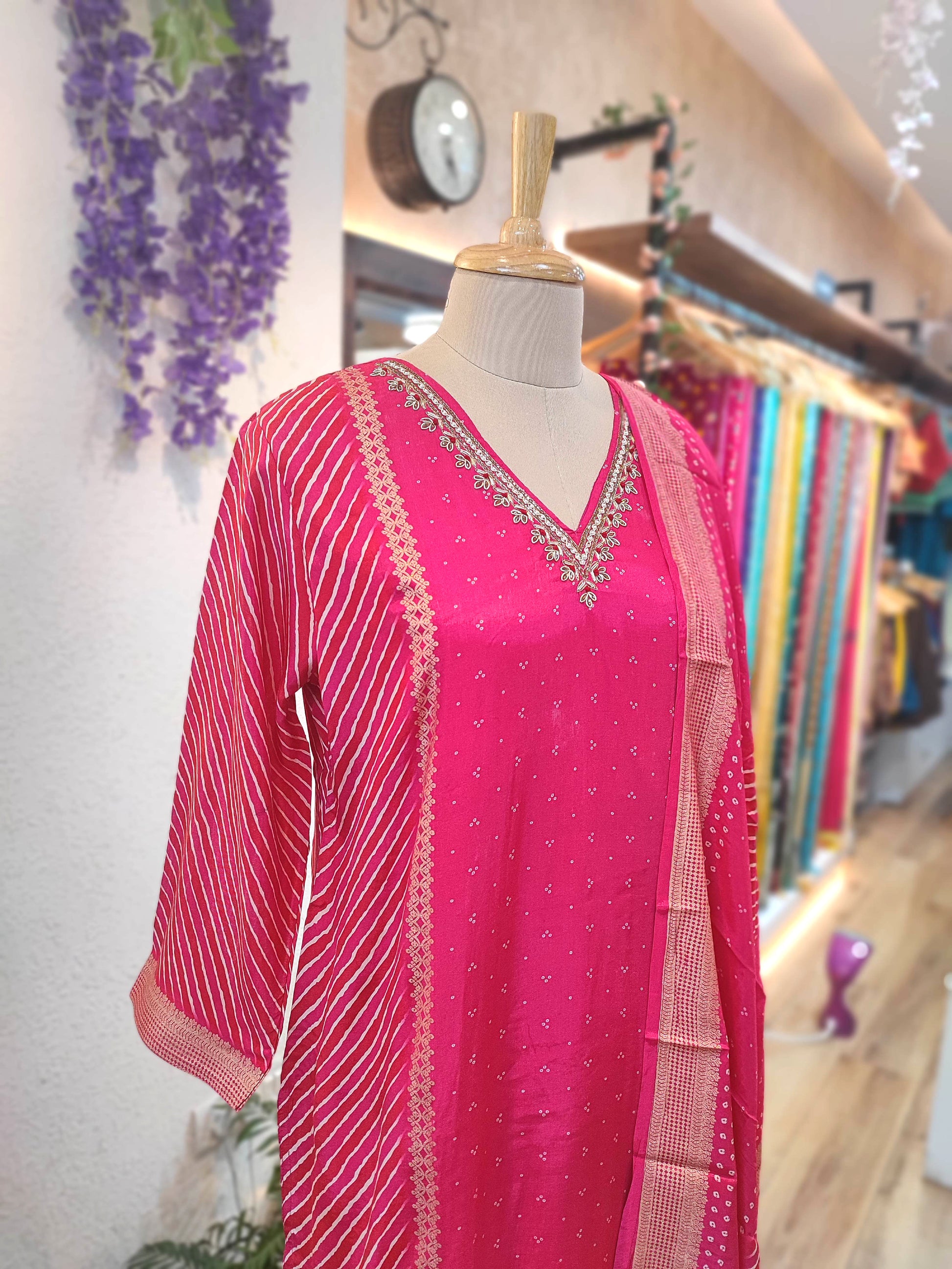 Pink Soft Crepe Kurta Dupatta Set with Handwork & Shantoon Bottom