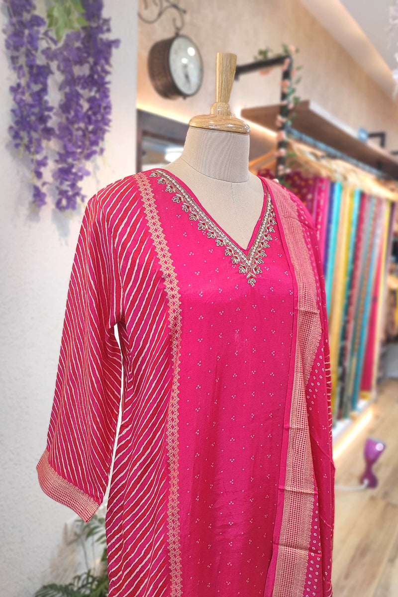 Pink Soft Crepe Kurta Dupatta Set with Handwork & Shantoon Bottom