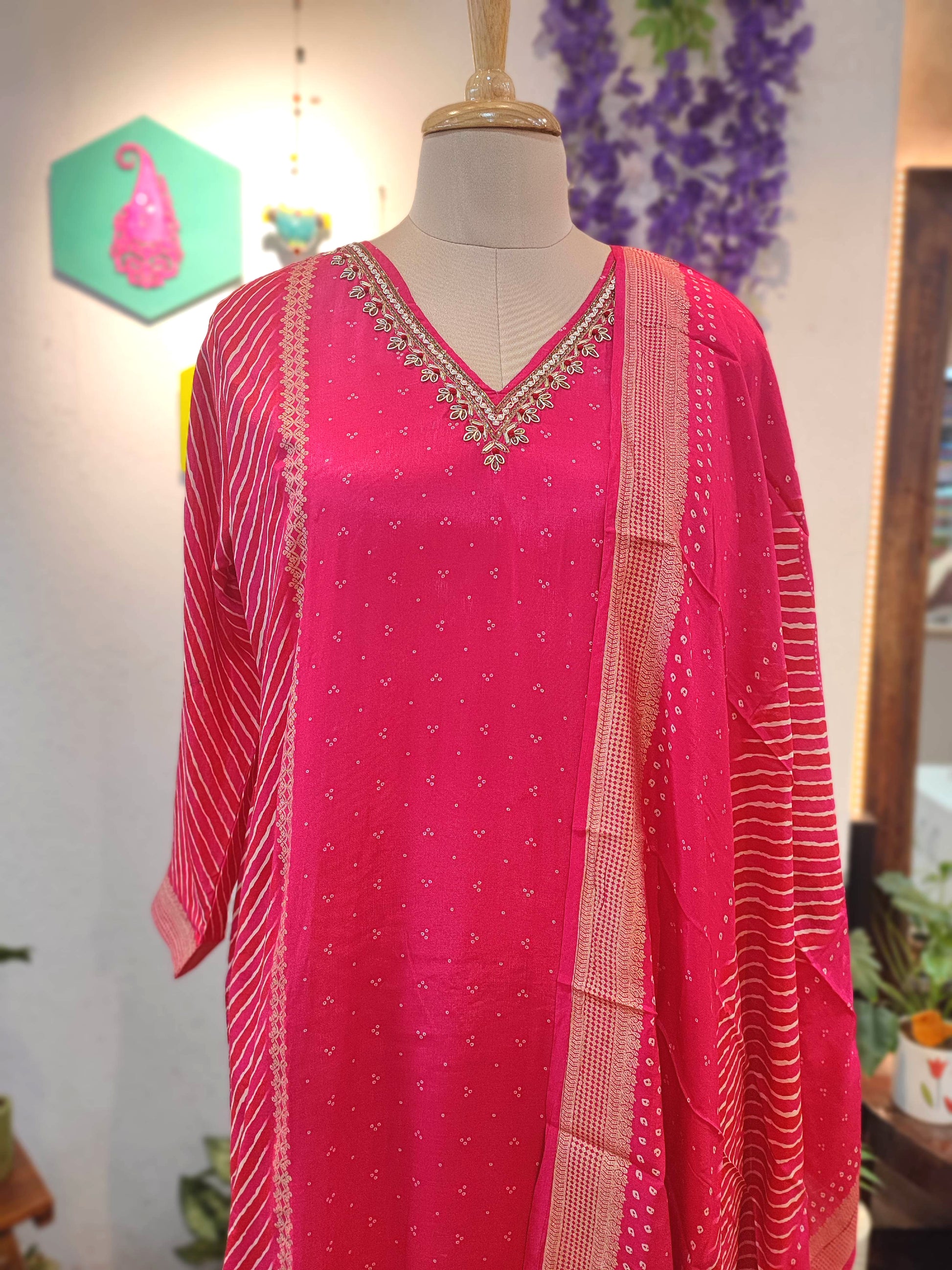 Pink Soft Crepe Kurta Dupatta Set with Handwork & Shantoon Bottom