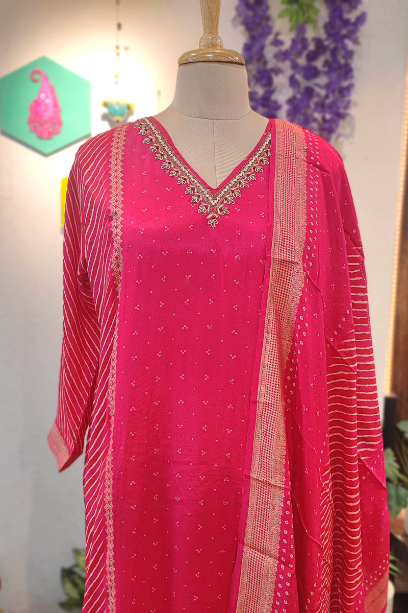 Pink Soft Crepe Kurta Dupatta Set with Handwork & Shantoon Bottom