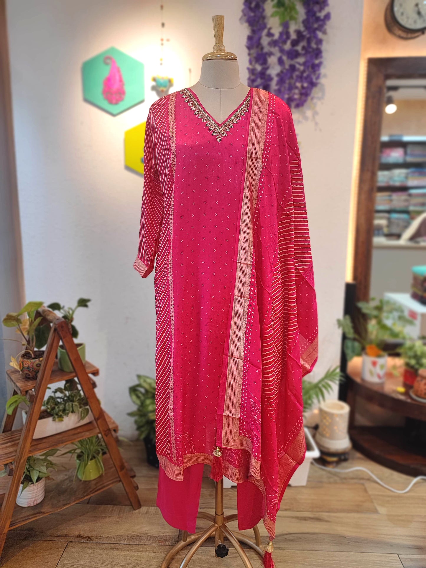 Pink Soft Crepe Kurta Dupatta Set with Handwork & Shantoon Bottom