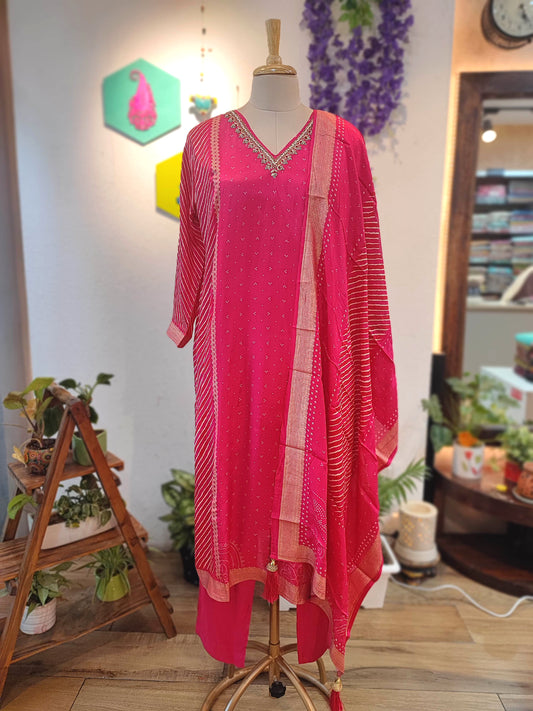 Pink Soft Crepe Kurta Dupatta Set with Handwork & Shantoon Bottom