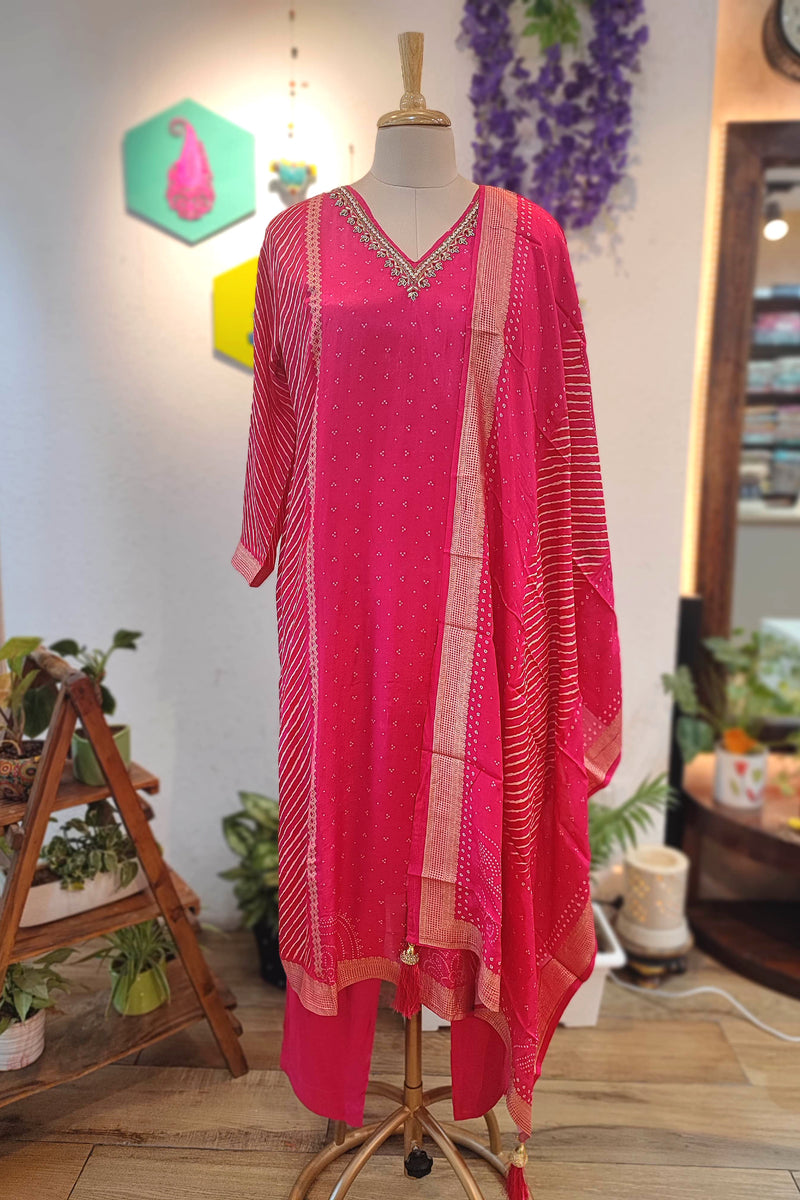 Pink Soft Crepe Kurta Dupatta Set with Handwork & Shantoon Bottom