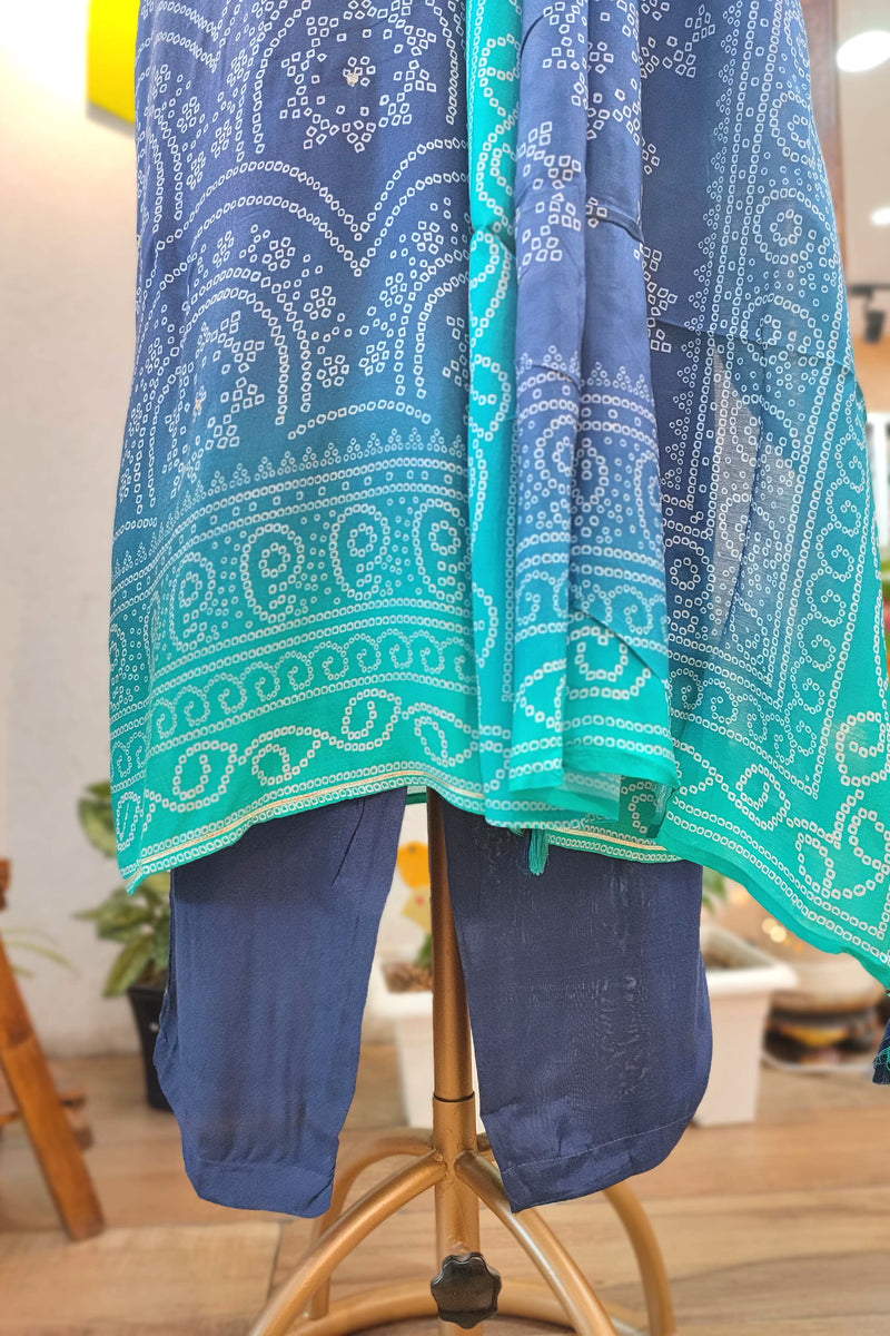 Blue Bandhani Print Soft Crepe Kurta Dupatta Set – Shop Now