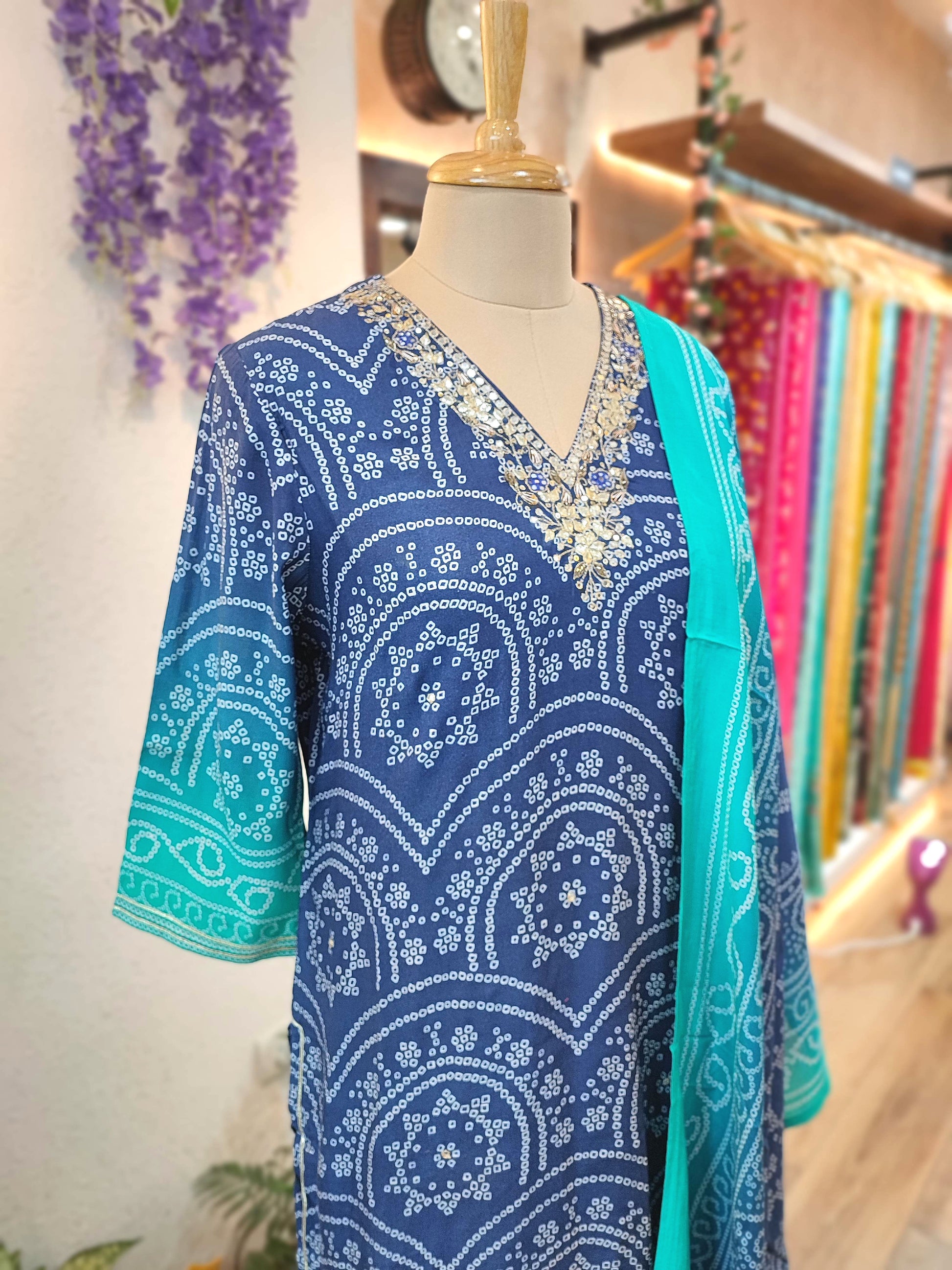 Blue Bandhani Print Soft Crepe Kurta Dupatta Set – Shop Now
