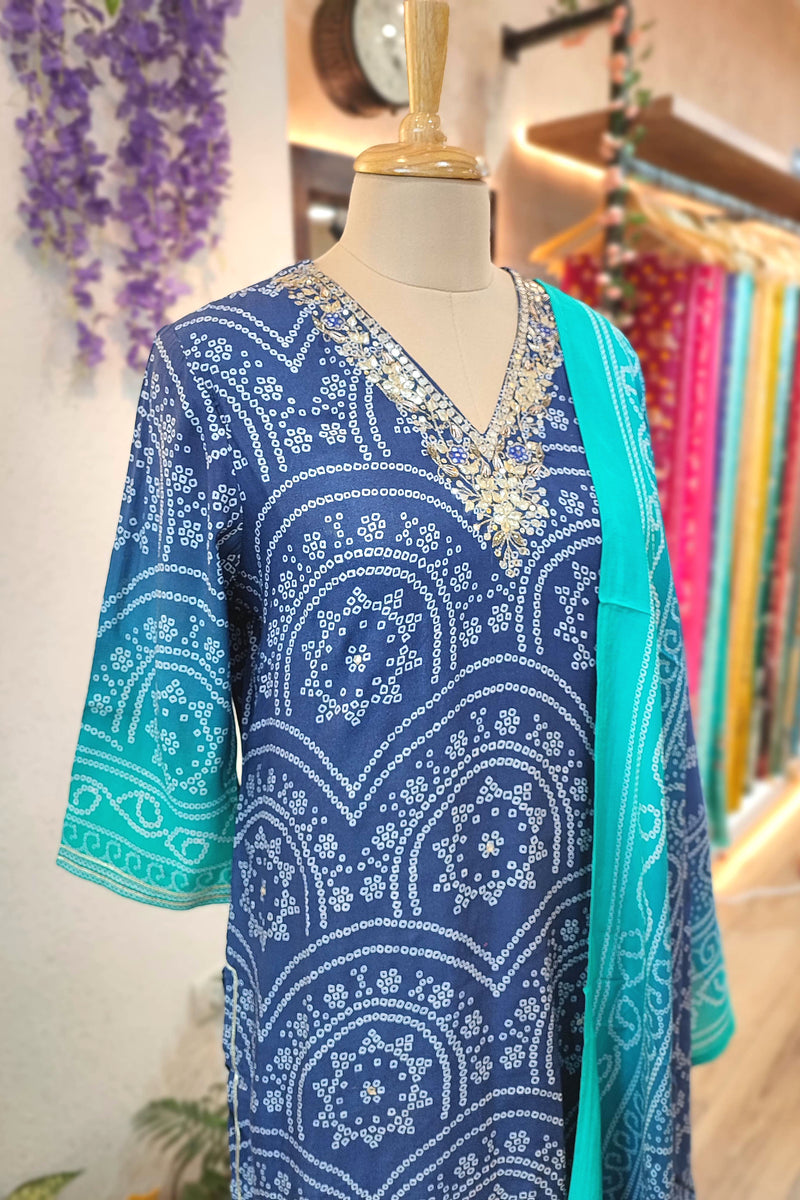 Blue Bandhani Print Soft Crepe Kurta Dupatta Set – Shop Now
