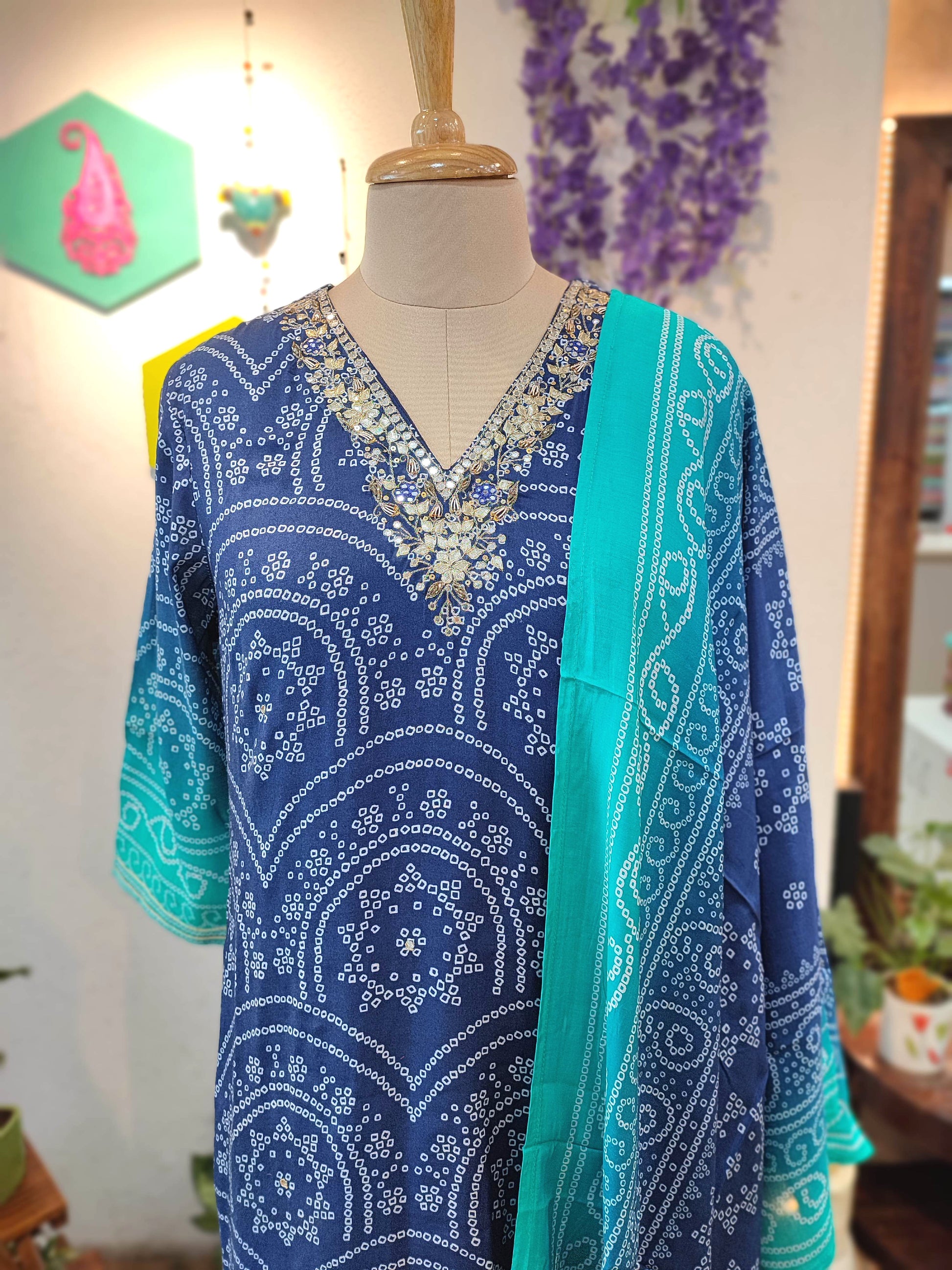 Blue Bandhani Print Soft Crepe Kurta Dupatta Set – Shop Now