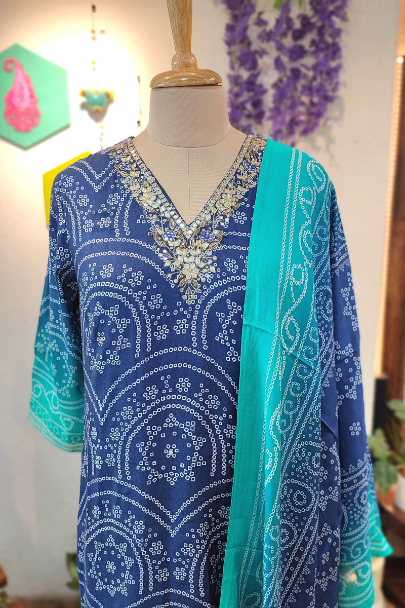 Blue Bandhani Print Soft Crepe Kurta Dupatta Set – Shop Now