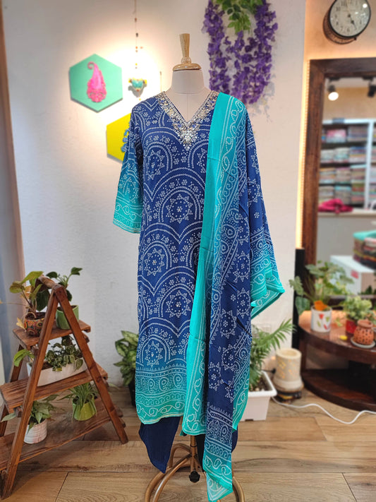 Blue Bandhani Print Soft Crepe Kurta Dupatta Set – Shop Now