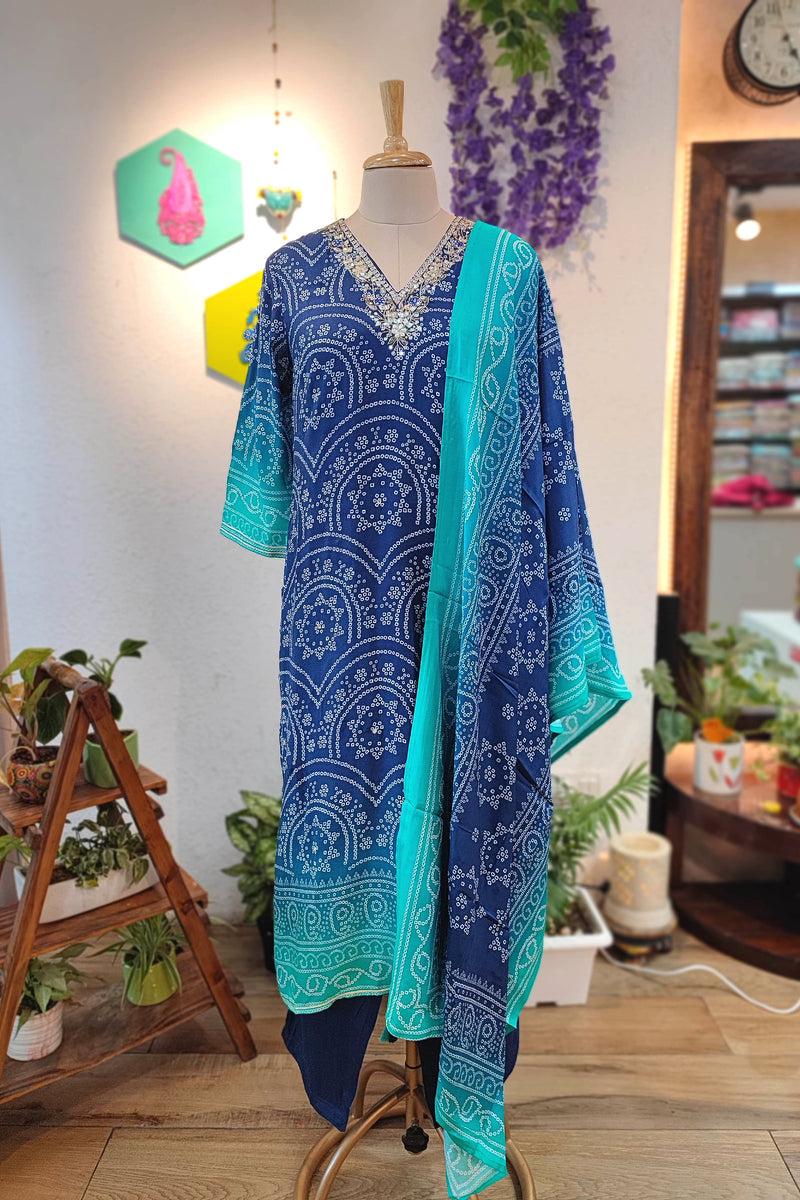 Blue Bandhani Print Soft Crepe Kurta Dupatta Set – Shop Now