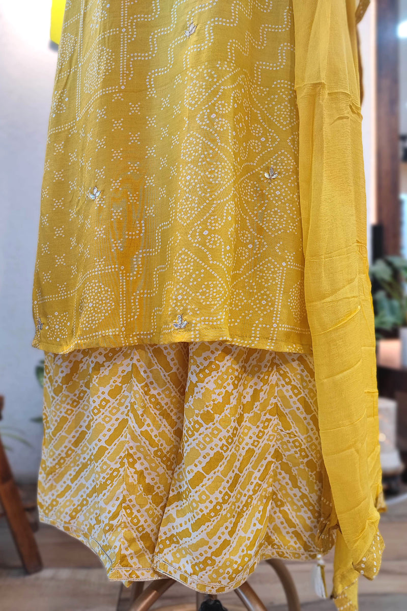 Mustard Yellow Soft Crepe Kurta Dupatta Set with Handwork