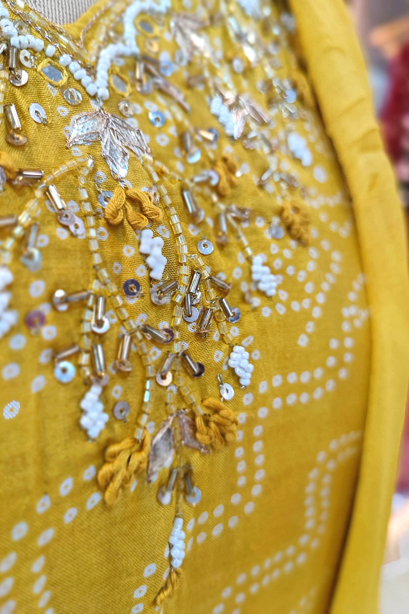 Mustard Yellow Soft Crepe Kurta Dupatta Set with Handwork