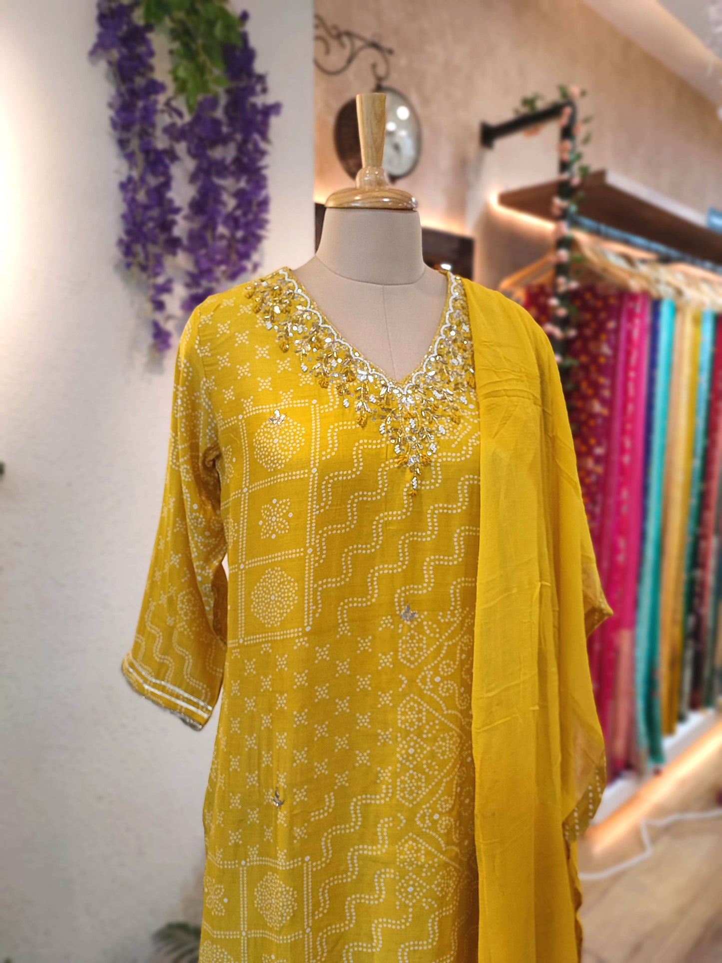 Mustard Yellow Soft Crepe Kurta Dupatta Set with Handwork