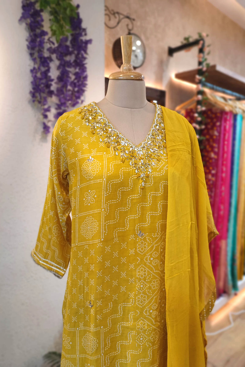 Mustard Yellow Soft Crepe Kurta Dupatta Set with Handwork