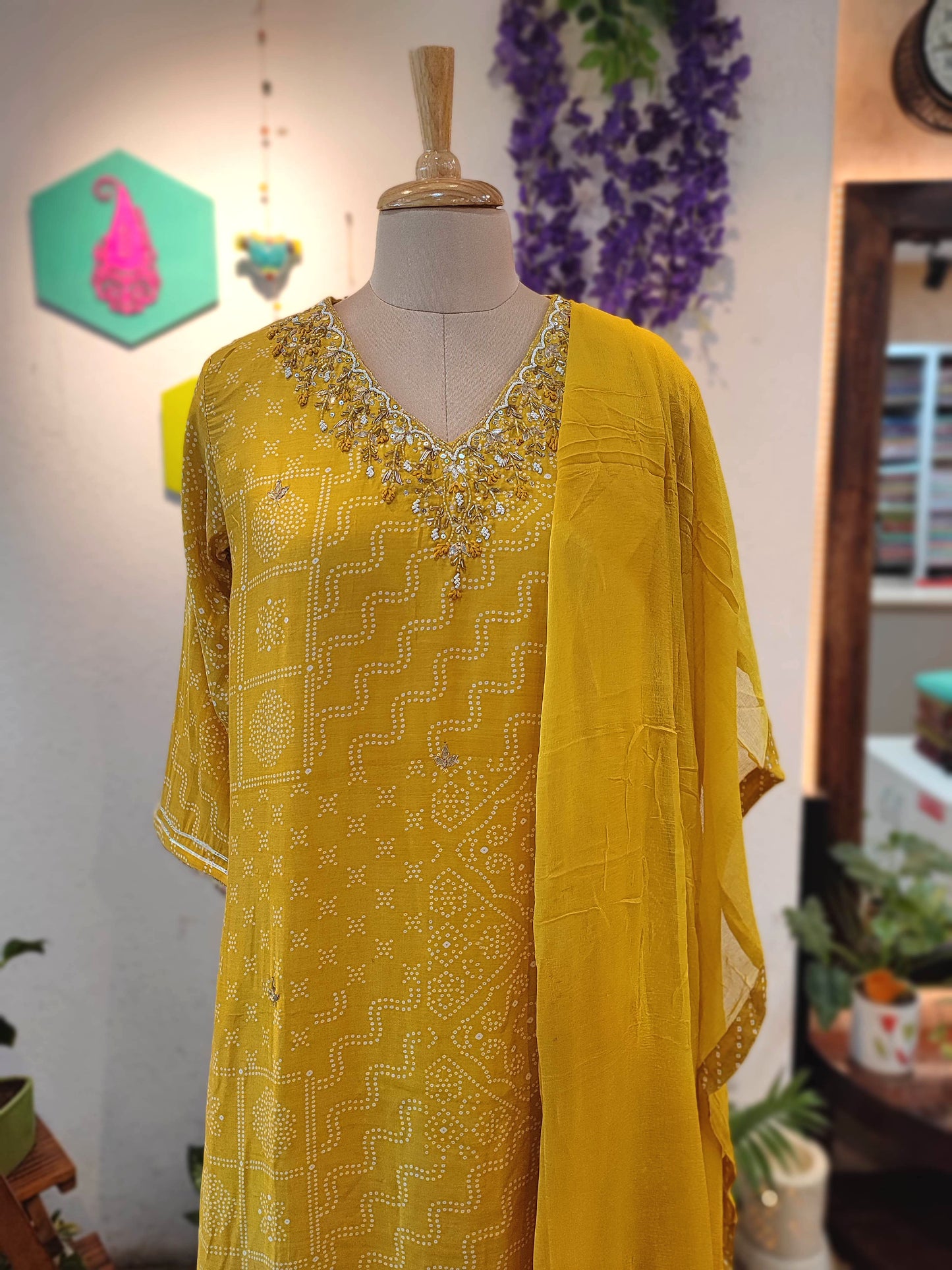 Mustard Yellow Soft Crepe Kurta Dupatta Set with Handwork