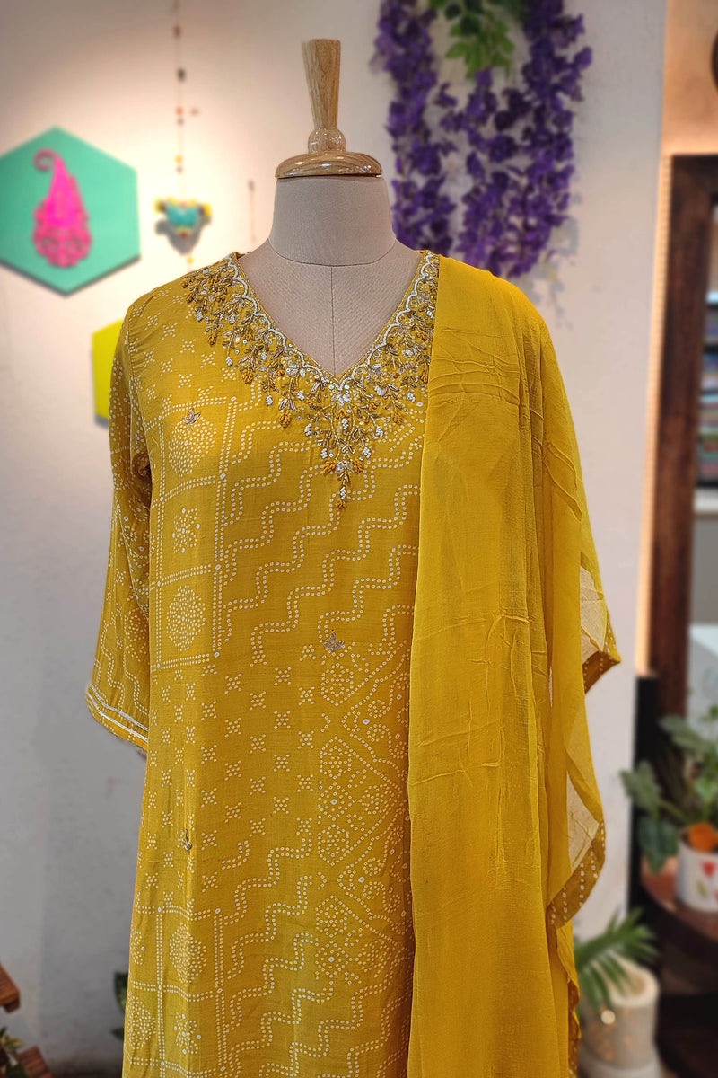 Mustard Yellow Soft Crepe Kurta Dupatta Set with Handwork