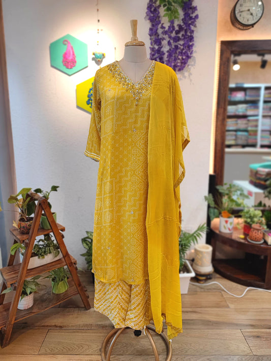 Mustard Yellow Soft Crepe Kurta Dupatta Set with Handwork