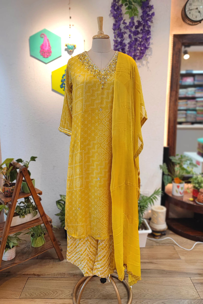 Mustard Yellow Soft Crepe Kurta Dupatta Set with Handwork