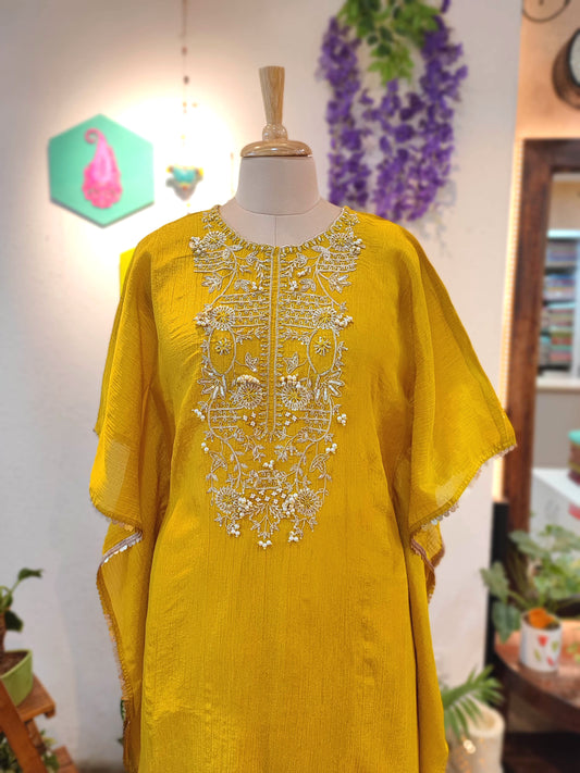 Haldi Yellow Crushed Tissue Kaftan Kurta with Shantoon Pants