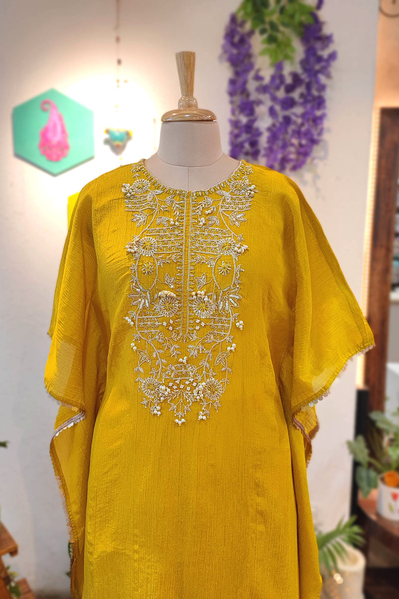 Haldi Yellow Crushed Tissue Kaftan Kurta with Shantoon Pants