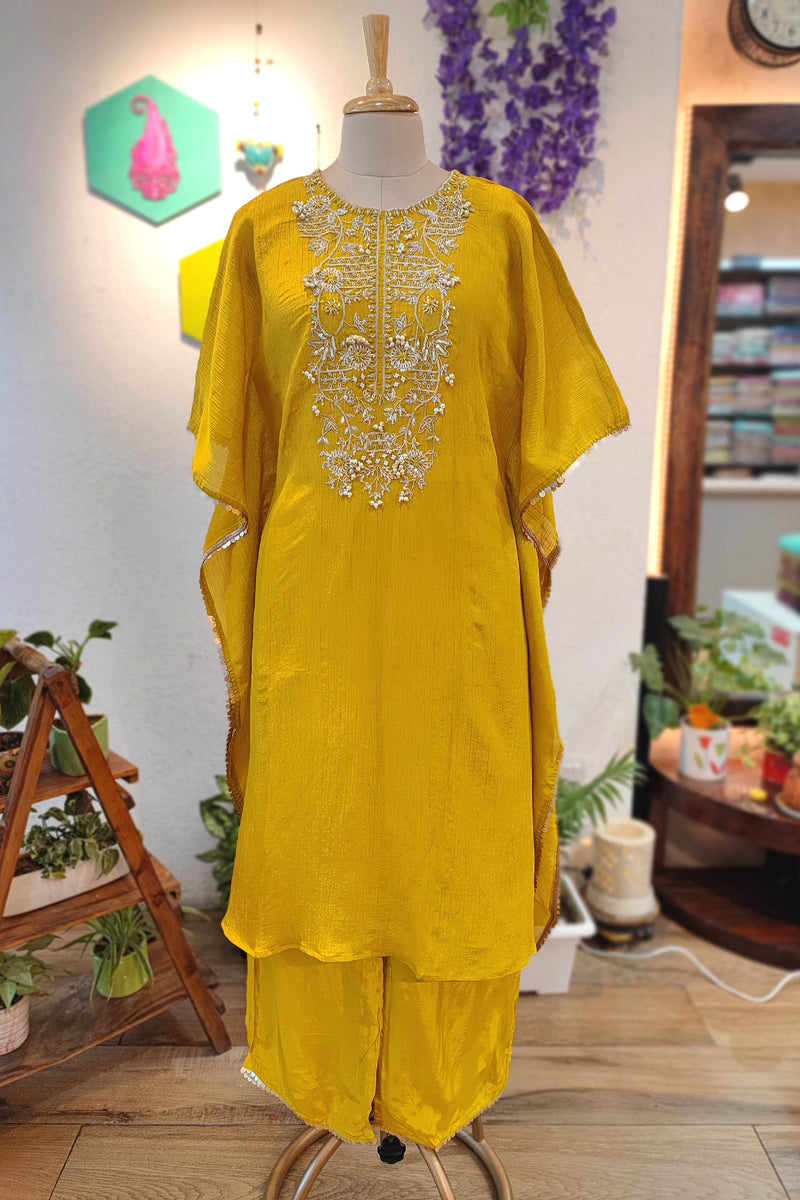 Haldi Yellow Crushed Tissue Kaftan Kurta with Shantoon Pants