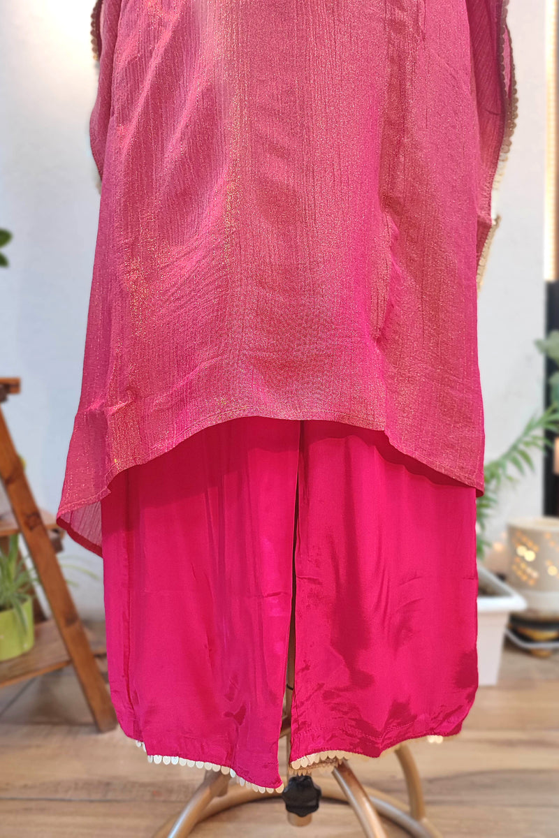 Rani Pink Kaftan-Style Suit in Crushed Tissue Georgette