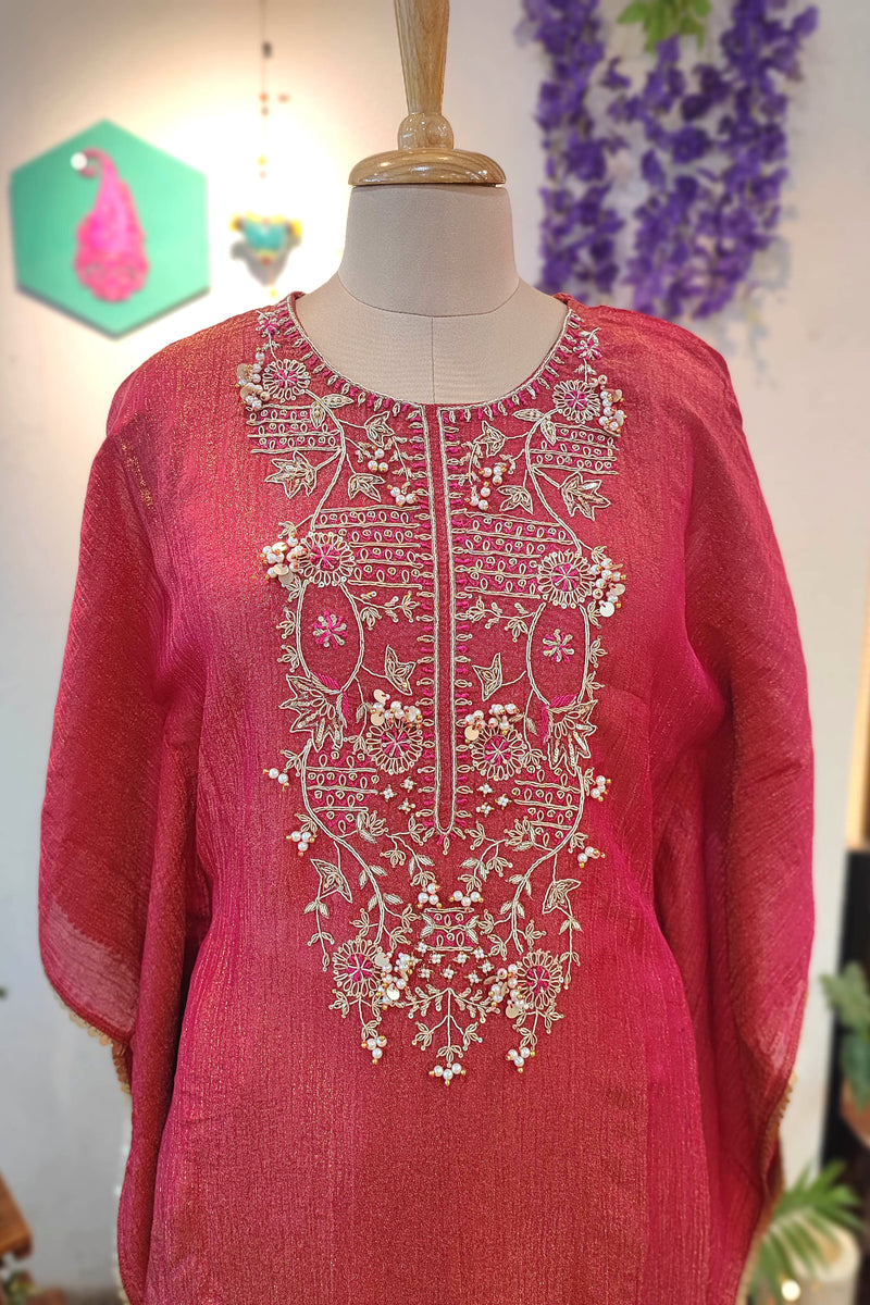 Rani Pink Kaftan-Style Suit in Crushed Tissue Georgette